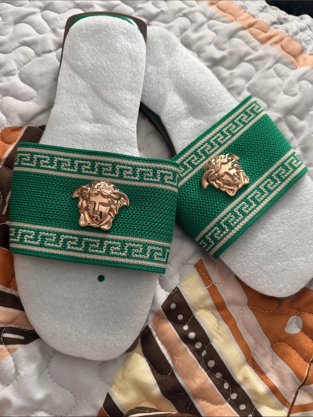 Versace Green Slide Sandals with Gold Medusa Accent